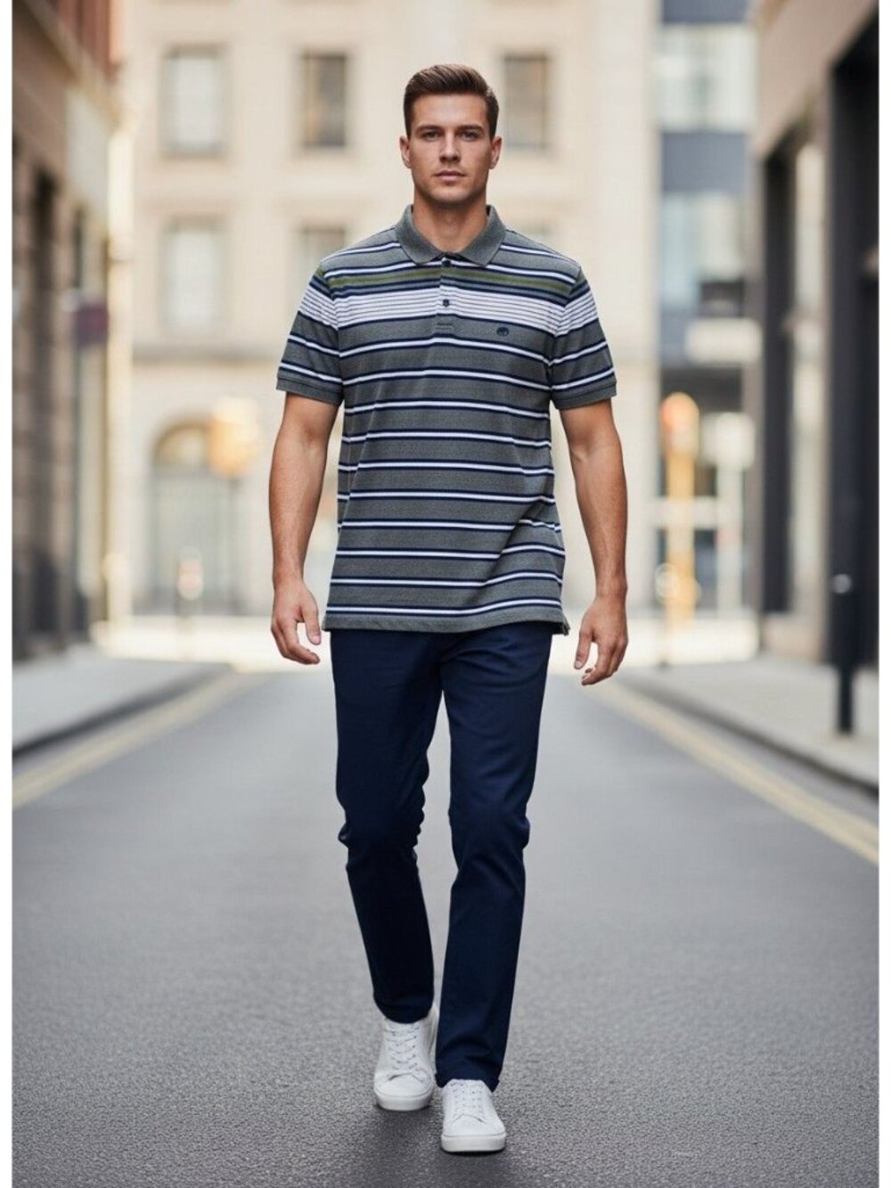 Banana Republic Mens XL Gray Navy Green Stripe Short Sleeve Polo Shirt Cotton